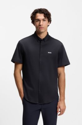 Regular-fit shirt in dynamic cotton jersey, Dark Blue