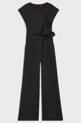 Belted jumpsuit in soft satin, Black