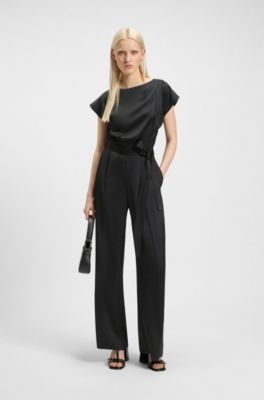 Belted jumpsuit in soft satin, Black