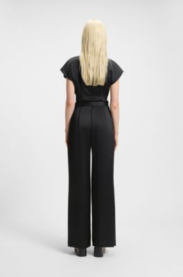 Belted jumpsuit in soft satin, Black