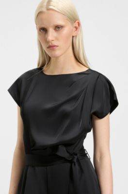 Belted jumpsuit in soft satin, Black
