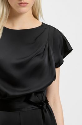 Belted jumpsuit in soft satin, Black