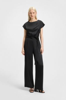 Belted jumpsuit in soft satin, Black