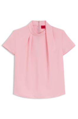 Haut en cr&ecirc;pe &agrave; encolure montante drap&eacute;e, Rose clair