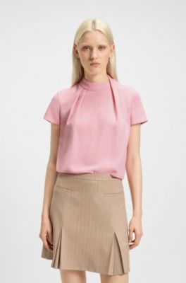 Crepe top with draped mock neckline, light pink