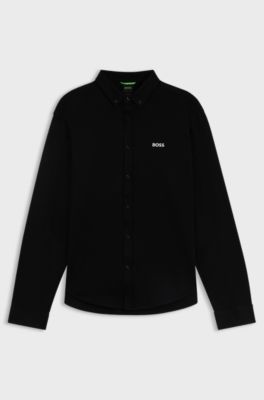 Regular-fit overhemd van dynamische katoenen jersey, Zwart