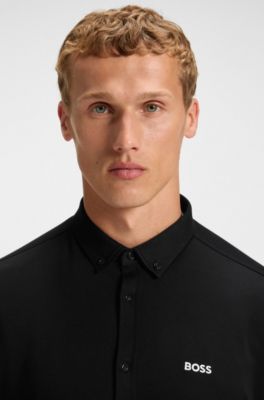 Regular-fit overhemd van dynamische katoenen jersey, Zwart