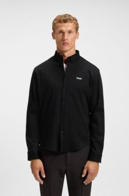 Regular-fit overhemd van dynamische katoenen jersey, Zwart