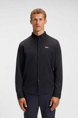 Regular-fit shirt in dynamic cotton jersey, Dark Blue