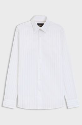 Slim-fit shirt in Italian-made striped cotton, Light Beige