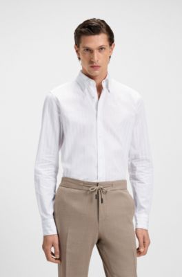 Slim-fit shirt in Italian-made striped cotton, Light Beige