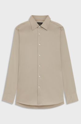 Slim-fit shirt in Italian-made cotton-blend poplin, Beige