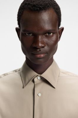 Slim-fit shirt in Italian-made cotton-blend poplin, Beige