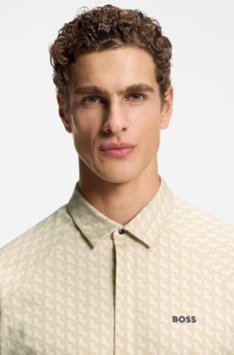 Regular-fit shirt in knitted cotton piqu&eacute;, Beige Patterned
