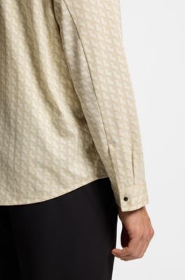 Regular-fit shirt in knitted cotton piqu&eacute;, Beige Patterned