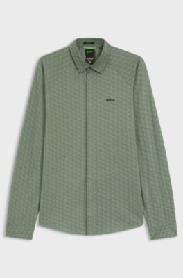 Regular-fit shirt in knitted cotton piqu&eacute;, Green Patterned