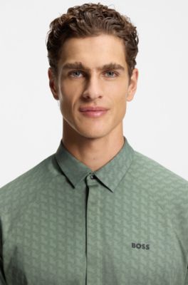 Regular-fit shirt in knitted cotton piqu&eacute;, Green Patterned
