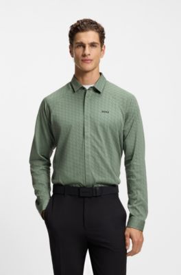 Regular-fit shirt in knitted cotton piqu&eacute;, Green Patterned