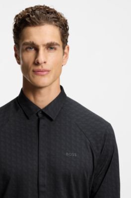 Regular-fit shirt in knitted cotton piqu&eacute;, Black Patterned