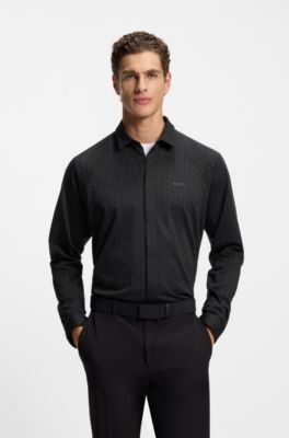 Regular-fit shirt in knitted cotton piqu&eacute;, Black Patterned