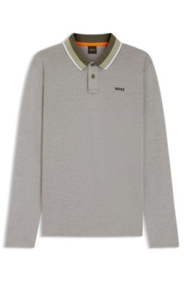 Polo en piqu&eacute; de coton avec col &agrave; rayures, Gris chin&eacute;