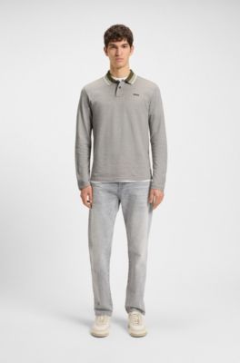 Polo shirt in cotton piqu&eacute; with striped collar, Light Grey