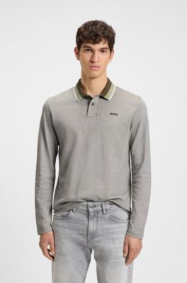 Poloshirt in katoenpiqu&eacute; met gestreepte kraag, Lichtgrijs