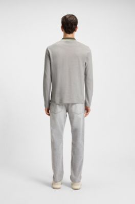 Poloshirt in katoenpiqu&eacute; met gestreepte kraag, Lichtgrijs