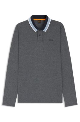 Polo de piqu&eacute; de algod&oacute;n con cuello de rayas, Gris oscuro