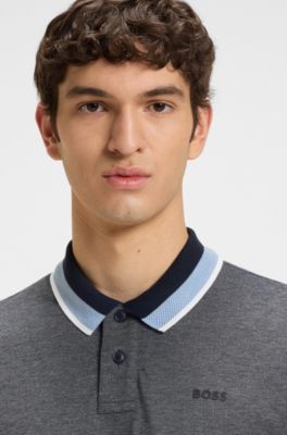 Polo de piqu&eacute; de algod&oacute;n con cuello de rayas, Gris oscuro