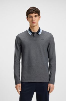 Polo shirt in cotton piqu&eacute; with striped collar, Dark Grey
