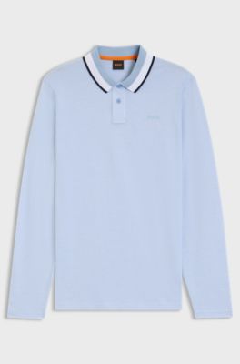 Polo shirt in cotton piqu&eacute; with striped collar, Light Blue