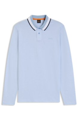 Boss Uomo Celeste Polo In Piqué Di Cotone Con Colletto A Righe