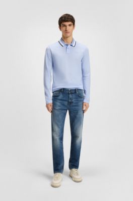 Polo shirt in cotton piqu&eacute; with striped collar, Light Blue