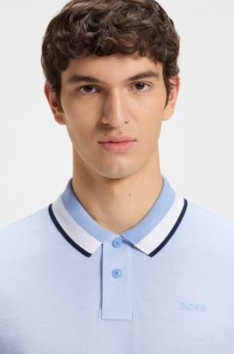 Polo shirt in cotton piqu&eacute; with striped collar, Light Blue