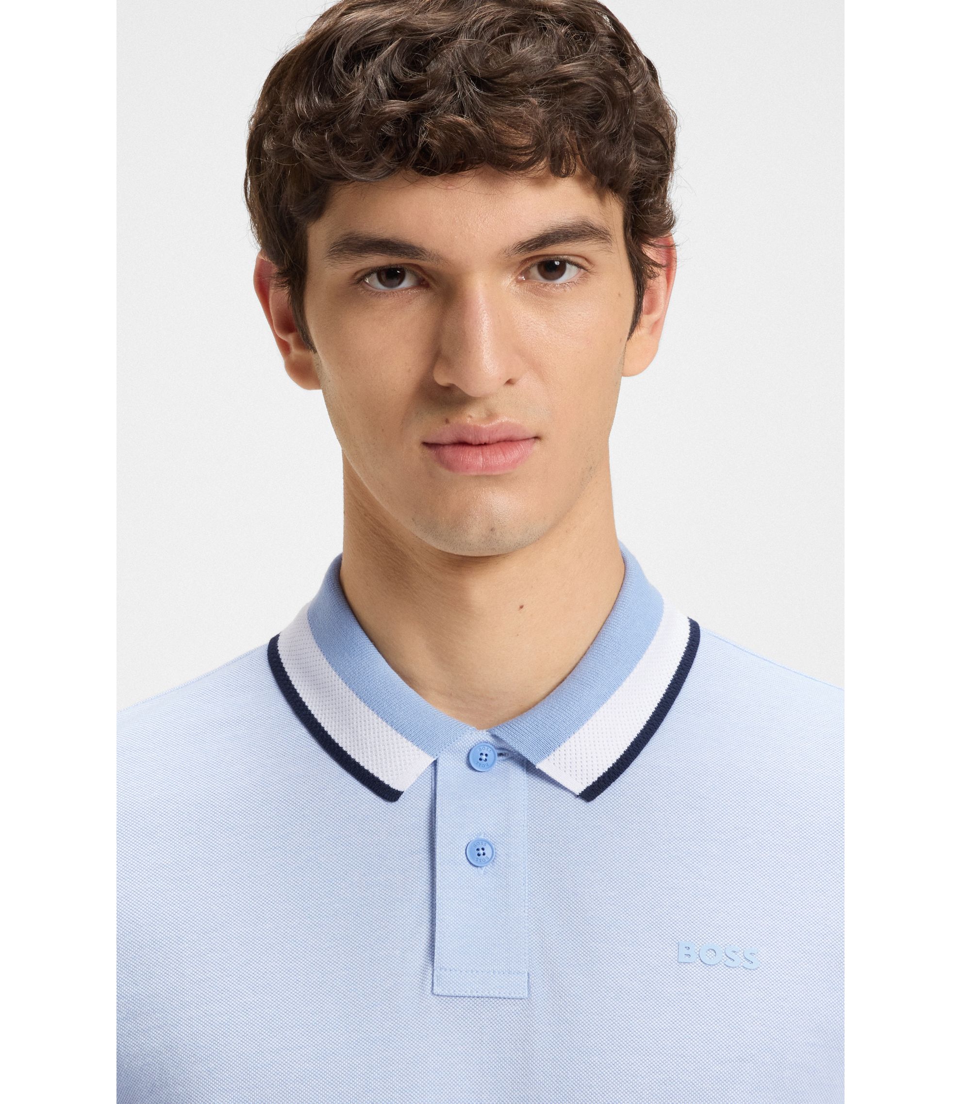 BOSS ストライプポロシャツ 青/白 BOSS - ポロシャツ コットンピケ ストライプカラー - ライトブルー