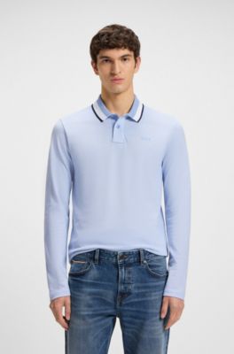 Polo shirt in cotton piqu&eacute; with striped collar, Light Blue