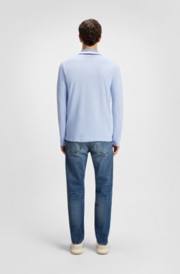 Polo shirt in cotton piqu&eacute; with striped collar, Light Blue