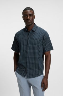 Regular-fit shirt in knitted cotton piqu&eacute;, Blue Patterned