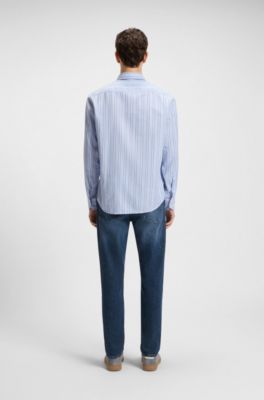 Camicia regular fit in cotone elasticizzato a righe, Righe azzurre