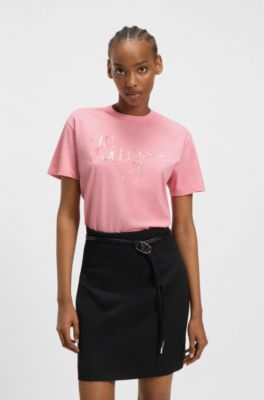 T-shirt in jersey di cotone con grafica con logo, Rosa
