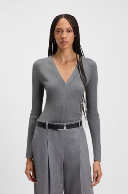 Concealed-closure cardigan in super-fine merino wool, Light Grey