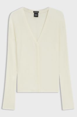 Concealed-closure cardigan in super-fine merino wool, Natural