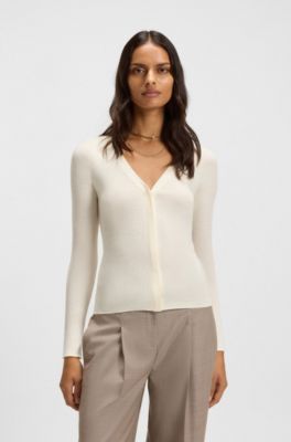 Concealed-closure cardigan in super-fine merino wool, White