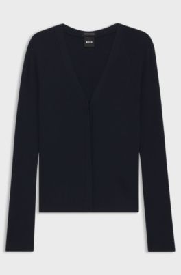Concealed-closure cardigan in super-fine merino wool, Dark Blue