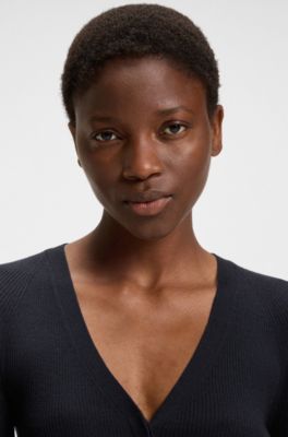 Concealed-closure cardigan in super-fine merino wool, Dark Blue