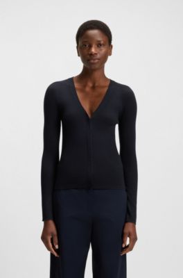 Concealed-closure cardigan in super-fine merino wool, Dark Blue