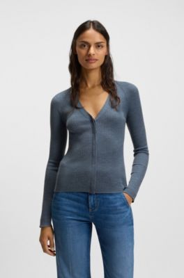 Concealed-closure cardigan in super-fine merino wool, Blue