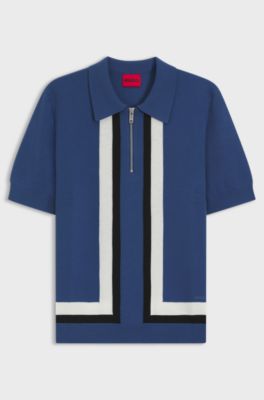 Zip-neck knit sweater with stripe details, Blue