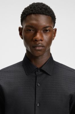 Slim-fit shirt in cotton with logo jacquard, Black